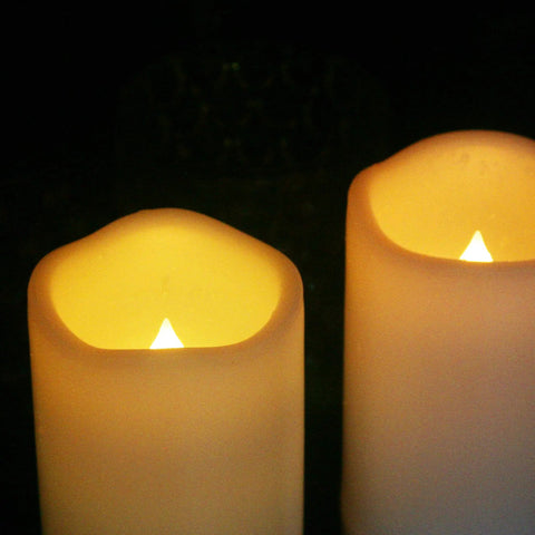 Waterproof Outdoor LED Flameless Candles With Remote And Timer, flickering light detail of white plastic pillars, 3x4 inches