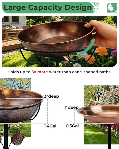 Metal Bird Bath For Outdoors 36 Inch Tall Stake With Removable 13 Inch Diameter Bowl And 3 Inch Deep Basin 1.4 Gallon Capacity
