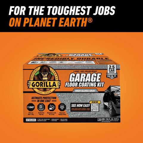 Two Part Epoxy Garage Floor Coating Kit Delivers Kickass Chemical Resistance And Showroom Shine Covering 550 Square Feet packaging in high gloss gray