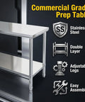 Premium 40x20 Stainless Steel Work Table Beefy Frame Heavy Duty Prep Station With Lower Shelf 600 Pound Capacity, featuring adjustable legs and double layer.