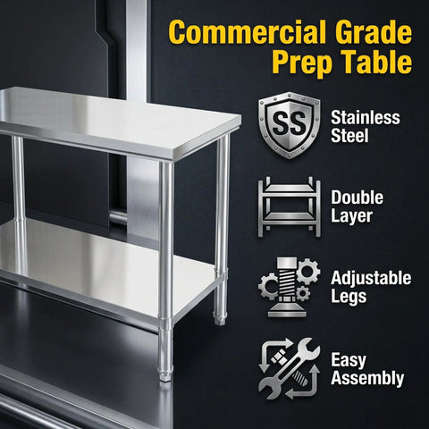 Premium 40x20 Stainless Steel Work Table Beefy Frame Heavy Duty Prep Station With Lower Shelf 600 Pound Capacity, featuring adjustable legs and double layer.