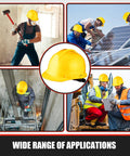 Collage of workers wearing 10 Pack Suspension Hard Hats For Worksite Safety With Ratchet Cap Style And Self Adjusting Crown Straps Yellow Utility Hard Hats For Men And Women Durable ABS Protection For All Day Comfort in various job settings.