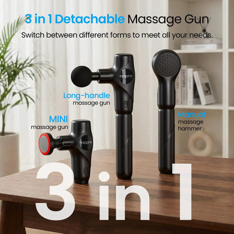 3 In 1 Detachable Massage Gun With Heat For Deep Tissue Relief displayed with extension handle and 5 heads on wooden table