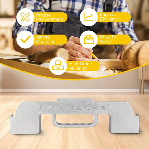 Heavy Duty 3 In 1 Framing Tool With 12 14 16 Inch On Center Stud Layout Gauge Made From Solid Cast Aluminum on wood surface.