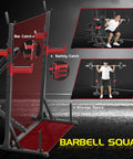 Beefy 900 Lbs Weight Bench Set With Squat Rack For Home Gym showing bar catch and safety catch details, with user lifting weights.