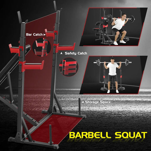 Beefy 900 Lbs Weight Bench Set With Squat Rack For Home Gym showing bar catch and safety catch details, with user lifting weights.