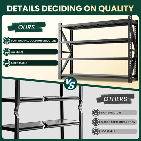Comparison of heavy duty garage storage shelves with 8000 lbs capacity, showing metal design for stability vs split structure.