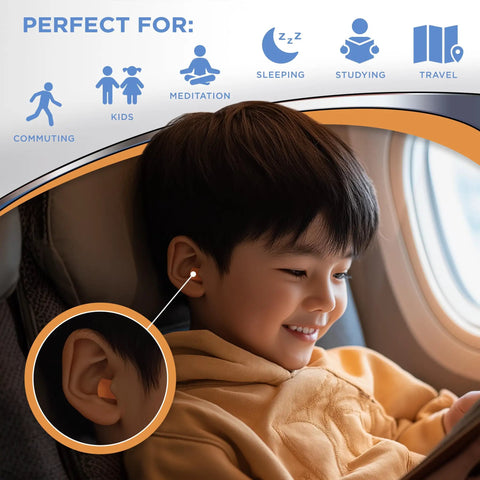 Child wearing NRR 28 Extra Small Foam Ear Plugs For Petite Ears Slim Fit Comfort Noise Canceling during travel.