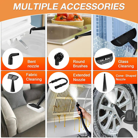 Multiple accessories for Straight Up Supercharge Handheld Steam Cleaner With Bonus Attachments, including nozzles for varied cleaning tasks.