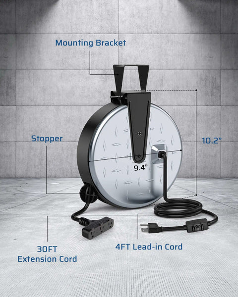 Heavy Duty Metal Extension Cord Reel 30Ft Retractable With 16AWG 3C SJTW Cord Three Outlets 10A Breaker Wall Or Ceiling Mount