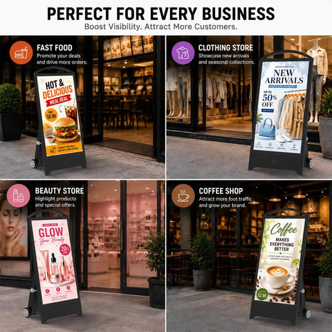 32 Inch Hella Bright Portable Outdoor Digital Signage Featuring 2000 Nits IP65 Waterproof Rugged LCD Display With 1200Wh Extended Run Time Battery for fast food and beauty ads.