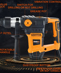 Side view of Powerful 13 Amp SDS Plus Rotary Hammer Drill 1-1/4 Inch with labeled features and safety clutch.