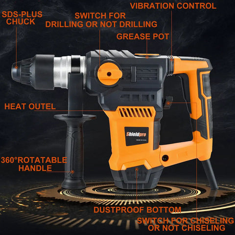 Side view of Powerful 13 Amp SDS Plus Rotary Hammer Drill 1-1/4 Inch with labeled features and safety clutch.