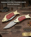 Handmade Copper Damascus Folding Knife With Ladder Pattern Blade Brass Engraved Red Resin Handle Leather Sheath EDC Ready
