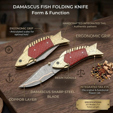 Handmade Copper Damascus Folding Knife With Ladder Pattern Blade Brass Engraved Red Resin Handle Leather Sheath EDC Ready