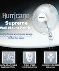 16 Inch Oscillating Wall Mount Fan With 3 Quiet Speeds Space Saving White Corded Air Cooling Unit For Homes Garages Gyms Workshops Greenhouses Easy Pull Cord Controls And Strong Airflow