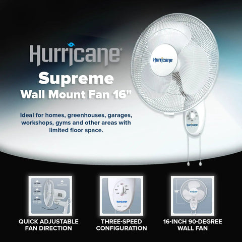 16 Inch Oscillating Wall Mount Fan With 3 Quiet Speeds Space Saving White Corded Air Cooling Unit For Homes Garages Gyms Workshops Greenhouses Easy Pull Cord Controls And Strong Airflow