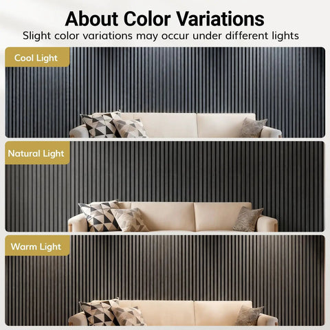 Heavy Duty Rock Solid Wood Veneer Wall Panels with Game Changing Acoustic Treatment and Superior Sound Dampening for Bedroom or Studio Setup 4 Pack 47.2 X 23.6 Inch Acoustic Panels color variations in different lighting.