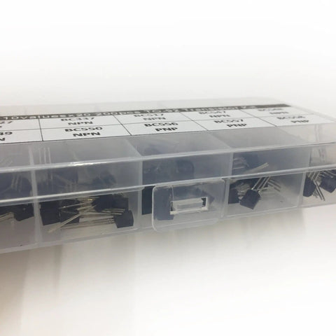 Transistor Assortment Kit With 10 Value Sets 20 Pieces Each In TO92 DIP Box Includes BC327 BC337 BC517 BC547 BC548 BC549 BC550 BC556 BC557 BC558 Awesome For Hobbyists And DIY Projects in labeled box.