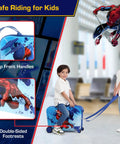 Children using Spider-Man kids ride-on luggage with hardshell and spinner wheels, ideal for safe travel. Blue Marvel design and kid-friendly features.
