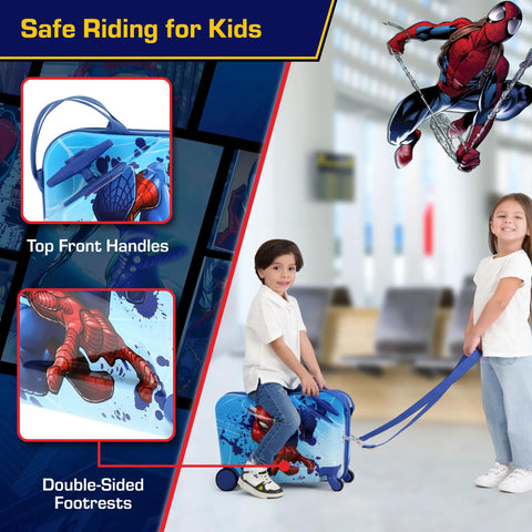 Children using Spider-Man kids ride-on luggage with hardshell and spinner wheels, ideal for safe travel. Blue Marvel design and kid-friendly features.