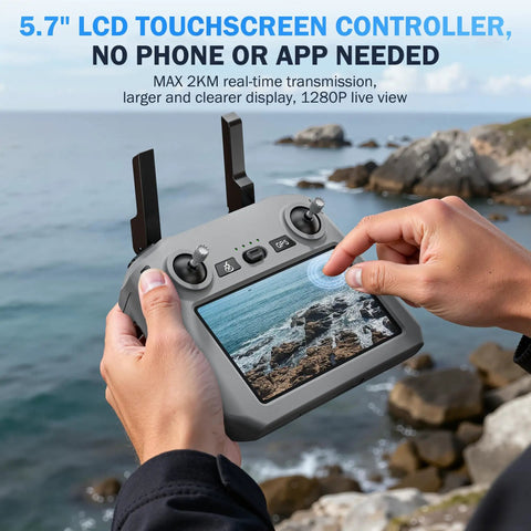 5.7" LCD touchscreen controller for drone operation, user adjusting settings, scenic coastal view, no phone needed.