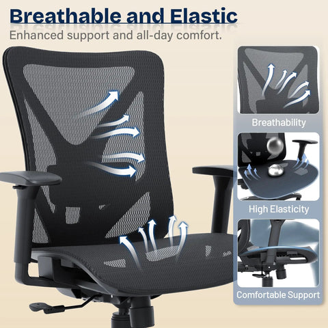 Ergonomic Mesh Office Chair With Adjustable Lumbar Support And 3D Armrests, Tilt Function, Wide Seat, Comfy Breathable Design