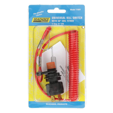 Universal Boat Kill Switch Kit With 50 Inch Coiled Lanyard And Disconnect Clip Red Black Nylon Casing 5A At 12V packaging
