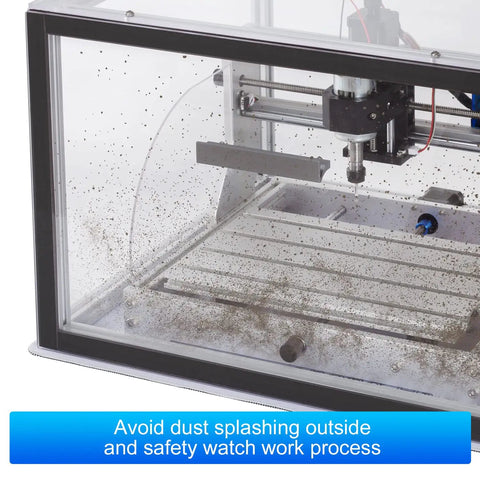 Clear Acrylic CNC Enclosure For 3018 PRO, 3018, MX3, 1810 PRO, 1610 CNC Router Machines in use, showing dust protection.
