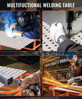 Four images showcasing Rock Solid Welding Workbench Table 35X24 Inches with adjustable tool tray in use during welding tasks.