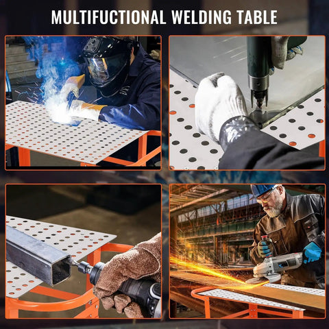 Four images showcasing Rock Solid Welding Workbench Table 35X24 Inches with adjustable tool tray in use during welding tasks.