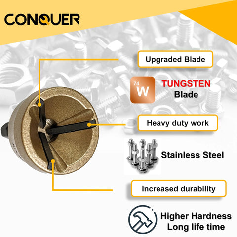 CONQUER deburring chamfer tool, tungsten blade with quick-release shank, close-up view for stainless steel burr removal