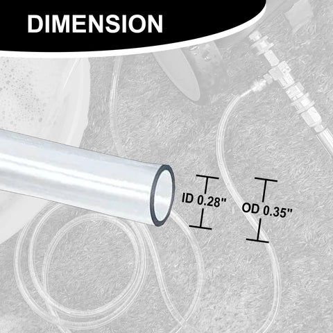 Close-up of Raincovo pressure washer siphon hose; clear tubing with 0.28 in ID and 0.35 in OD
