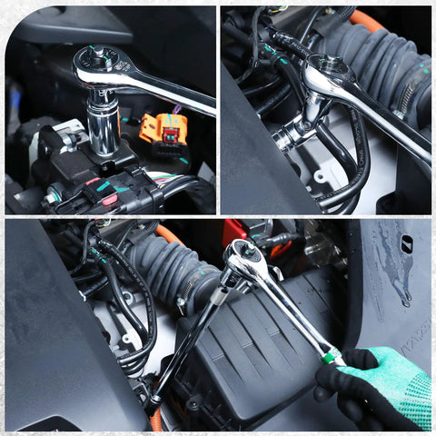 20 Piece Socket Extension Set With One Quarter Inch Drive, Three Eighth Inch Drive, And One Half Inch Drive, shown in engine use