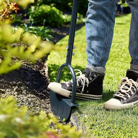 Person using Saw Tooth Lawn Edger With T Grip Handle For Long Reach 38 Inch Half Moon Edging Tool For Sidewalks And Gardens in garden