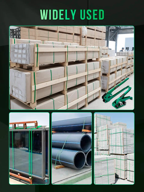 Heavy Duty Pet Strapping Bundle With Rock Solid 1500 Lb Break Strength securing various items in warehouse settings.