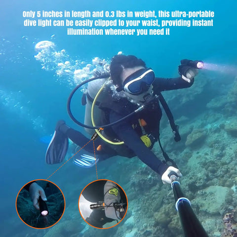Diver using D580 Scuba Dive Light 530 Lumens Underwater Flashlight With 6 Degree Narrow Beam IP68 Waterproof underwater