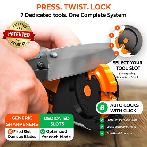 All In One Garden Tool Sharpener that keeps knives axes machetes pruners and shears razor sharp, hand adjusting tool slot