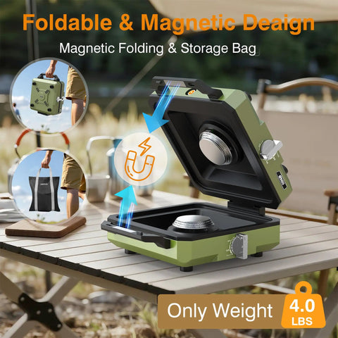 Two Burner Camping Stove With Windshield 20000 BTU Propane Camp Stove Portable Folding Gas Stove open on table