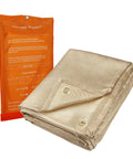 Beefy Heavy Duty Welding Blanket 6x8 Ft Fiberglass Curtain folded with metal buckles beside orange packaging