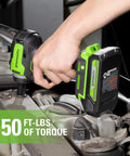 24V Brushless Cordless Three Eighths Inch Impact Wrench in use on engine, 150 foot pounds torque, compact and lightweight design