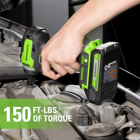 24V Brushless Cordless Three Eighths Inch Impact Wrench in use on engine, 150 foot pounds torque, compact and lightweight design