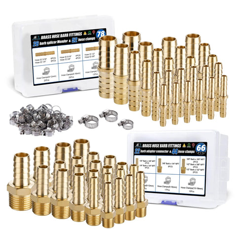 Brass Hose Barb Fittings Kit With Splicer Mender 3/16 1/4 5/16 3/8 1/2 5/8 Inch Barbed To NPT Adapters And 1/4 Inch NPT Male Plus 96 Clamps