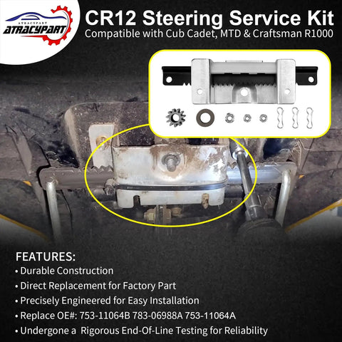 CR12 Steering Service Kit Pinion Rack For Cub Cadet CC30 CC30H CC30E Electric Hydro Mini Riders And MTD Columbia CR30 And Craftsman R1000 Lawn Tractors Replacement 78306988A shown with kit components and installation in progress