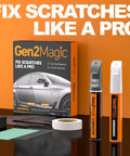 Gen2Magic car scratch repair kit with two paint pens, sanding tools, and tape on display, promoting easy at-home scratch fix.