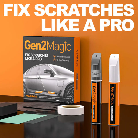 Gen2Magic car scratch repair kit with two paint pens, sanding tools, and tape on display, promoting easy at-home scratch fix.