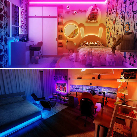100 Ft RGB LED Strip Lights With 44 Key Remote Multi Color Color Changing LED Tape For Bedroom TV Room Decor 24V Indoor Lighting Kit Lit Mood DIY Setup With 2X 50 Ft Extensions in vibrant room settings