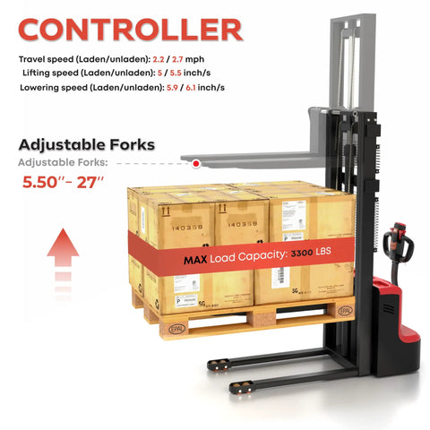 Heavy Duty Electric Pallet Stacker Raising 3300 Lbs To A Cool 98 Inch Lift Height With Adjustable Forks and Narrow Legs for Warehouse Use