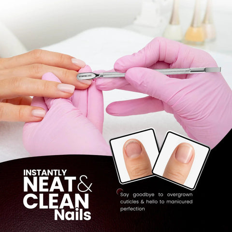 Person using Cuticle Pusher Tool And Spoon Nail Cleaner Stainless Steel 5.5 Inch Manicure Pedicure Tool on fingernail