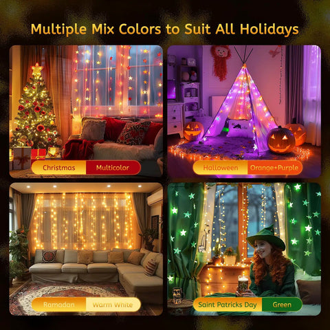 Color Changing Star String Lights USB Powered 23 Ft 50 LEDs in multicolor for Christmas, orange and purple for Halloween, warm white for Ramadan, and green for Saint Patrick's Day, decorating living rooms and indoor spaces.